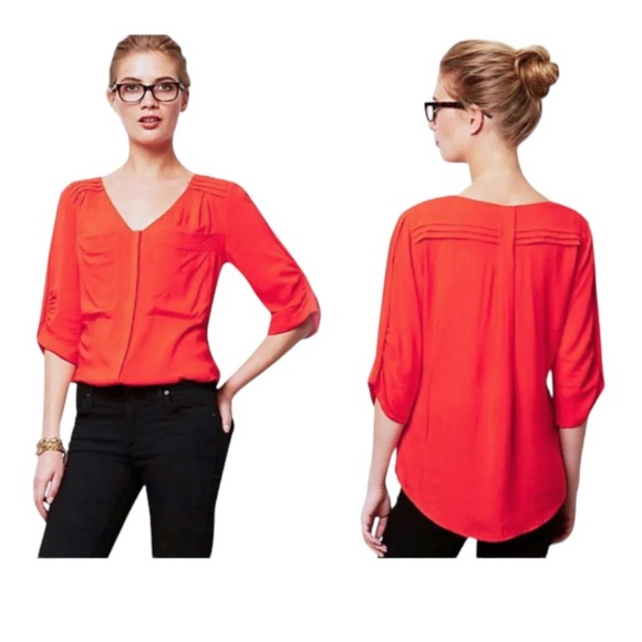 Anthropologie Tops - Anthropologie Drapey Pleated Henley Top P10 Petite Large Red Front Pocket Blouse
